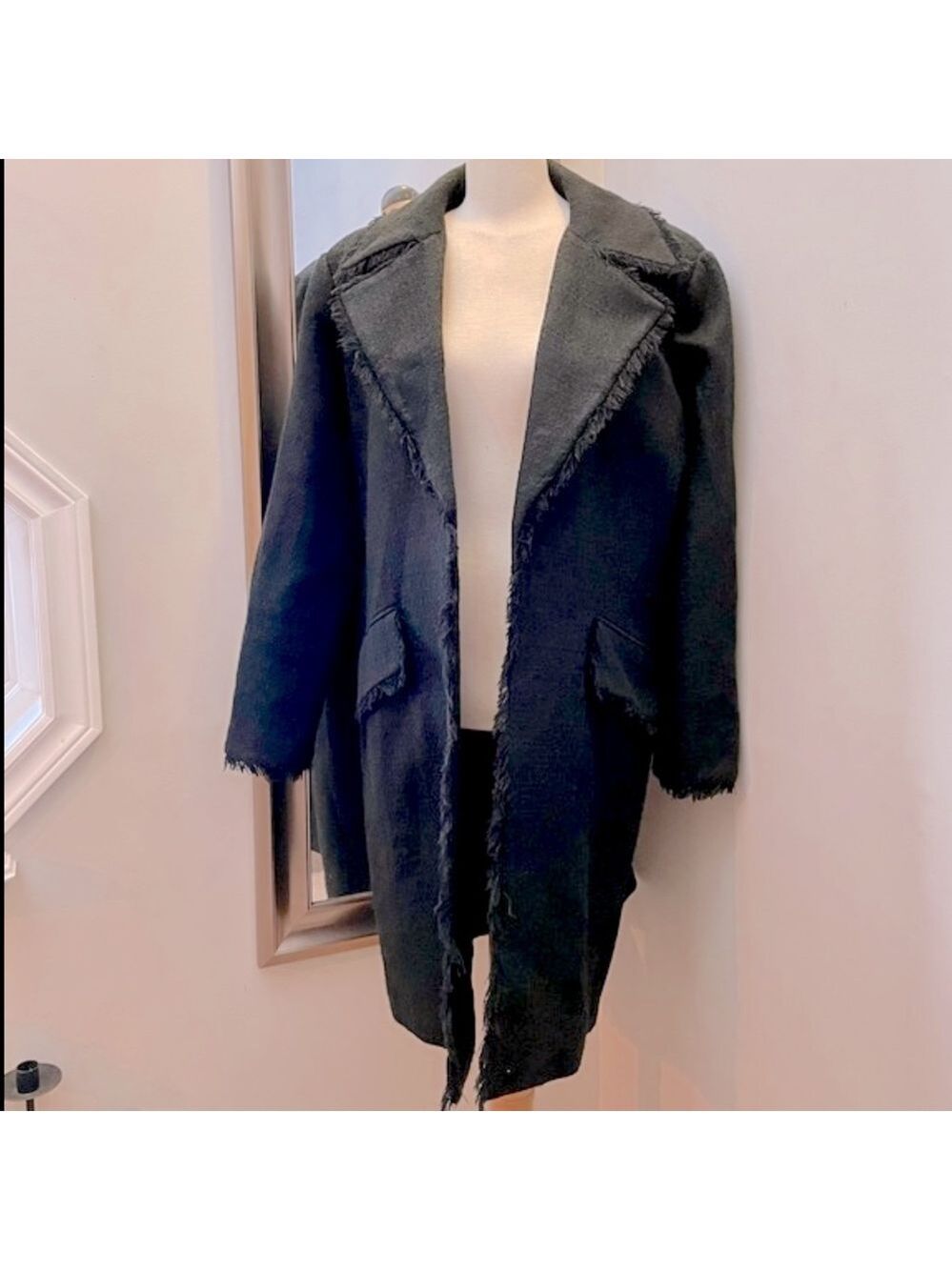 WDNY Long line black tweed jacket blazer with fringe hems.